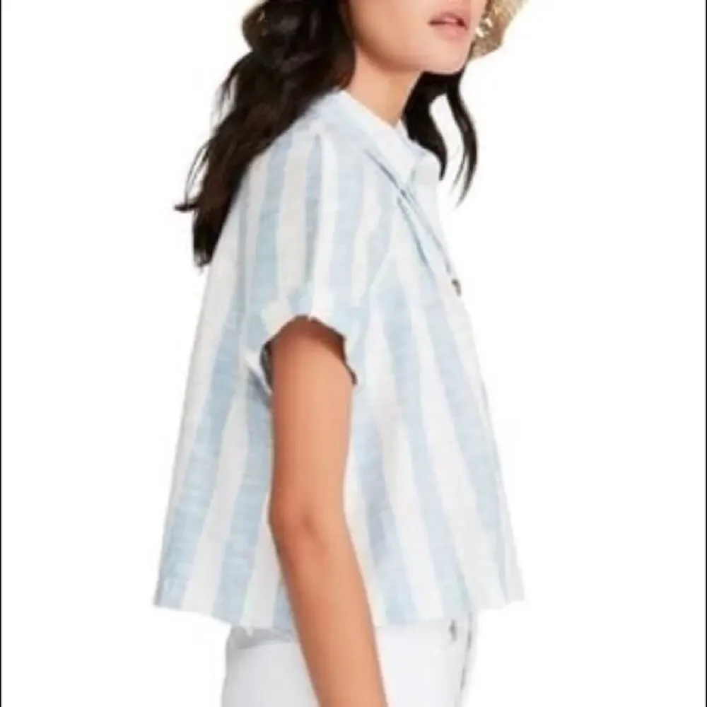Free People Blue and White Striped Short-Sleeve Button Shirt - Picture 5 of 12